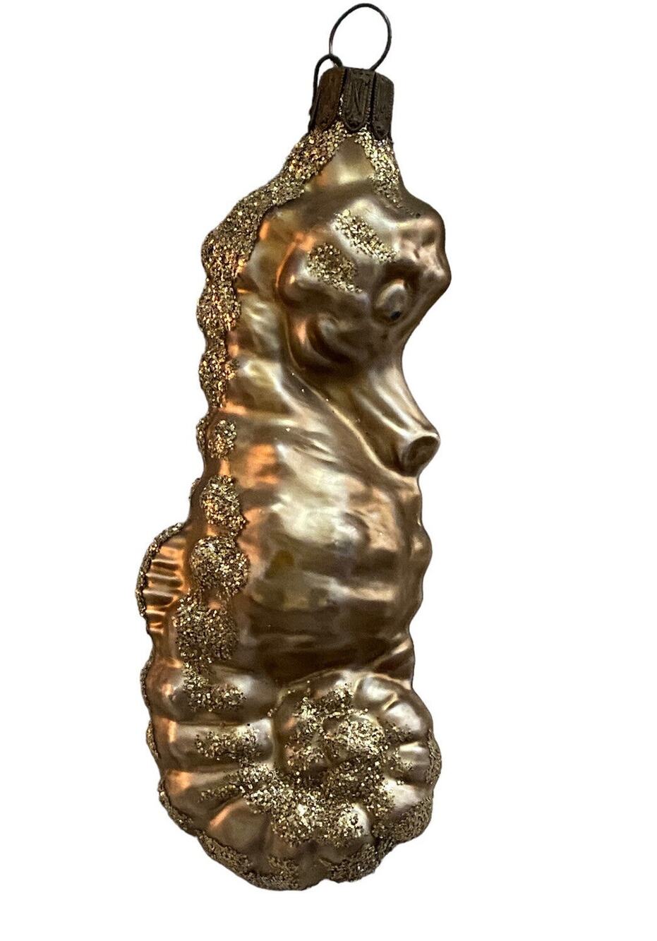 Vtg Neiman Marcus Blown Glass Seahorse Ornament Gold Glitter Christmas Coastal